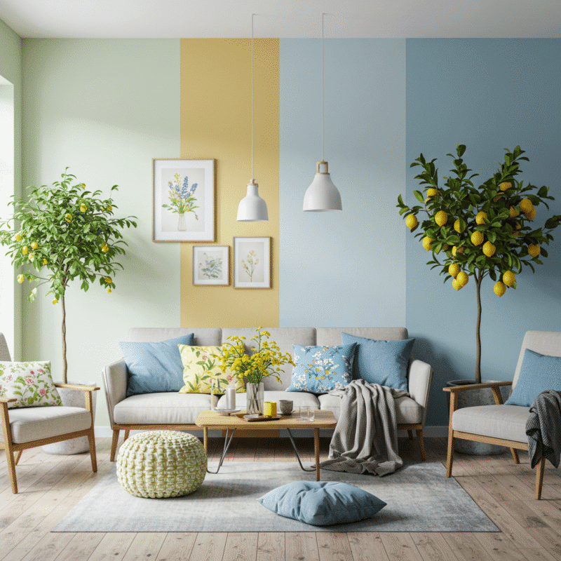 Šiuolaikiško interjero kambarys su sezonų įkvėptomis spalvomis ir natūraliu apšvietimu.