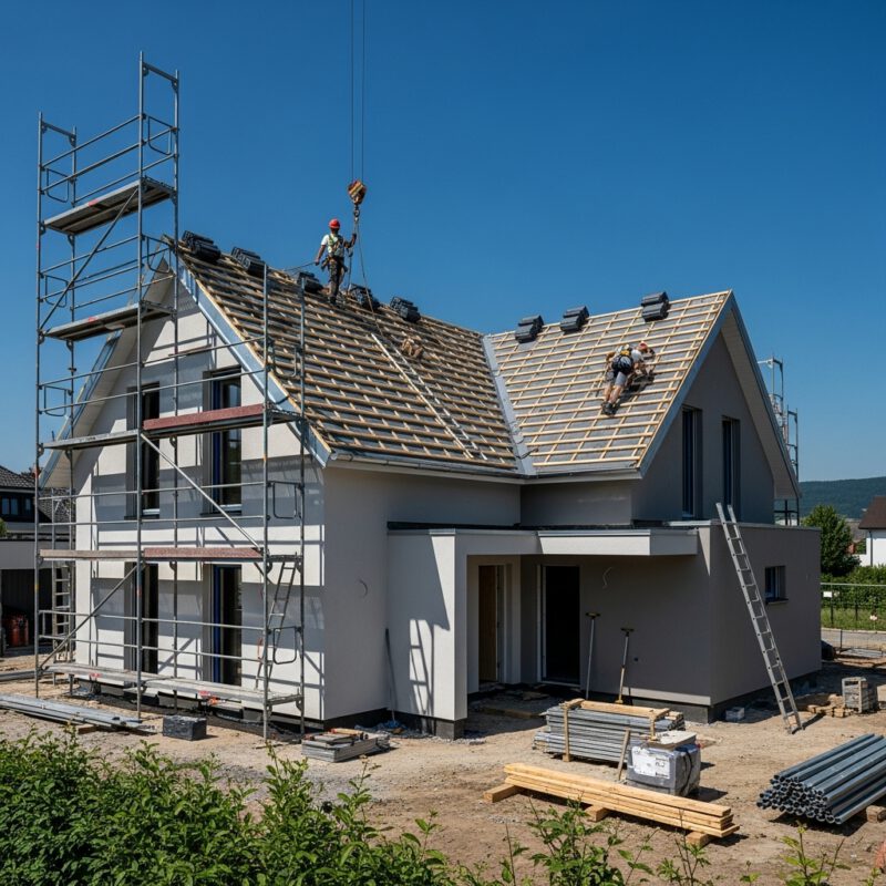 Šiuolaikinio namo statybos darbai su montuojama stogo danga