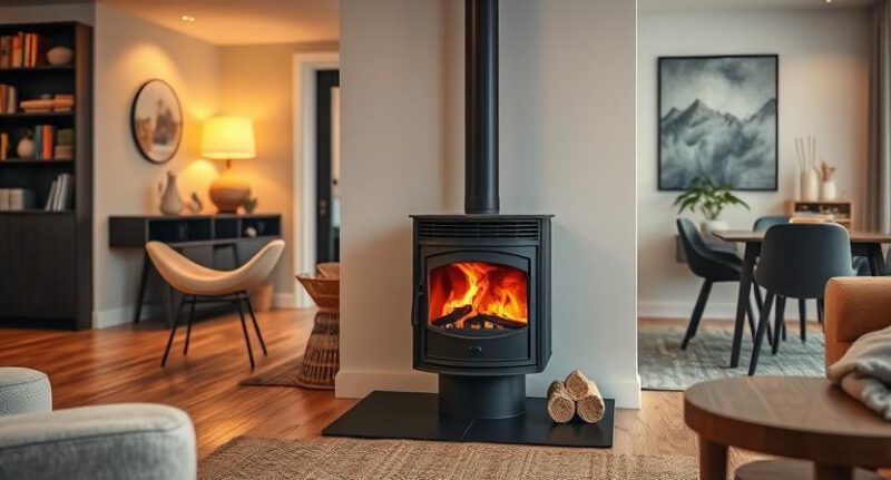 Jauki moderni krosnelė svetainėje, skleidžianti šilumą ir komfortą