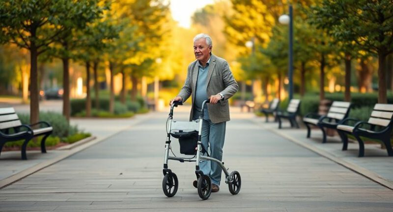 Vyresnio amžiaus žmogus, vaikštantis parke su modernia vaikštyne, spinduliuojantis pasitikėjimu ir savarankiškumu